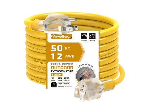 Aweltec Cable de extensión para exteriores de 50 pies, 12 AWG, enchufe con luz LED de 1875 W, certificación UL