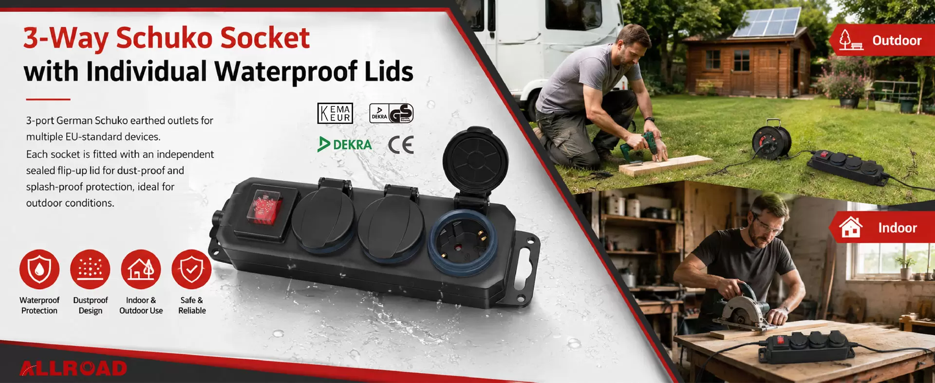 Regleta para exteriores ALLROAD IP44 tipo alemán Toma de 3 vías con interruptor