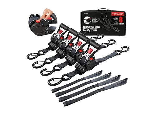 Correas de trinquete retr&aacute;ctiles autom&aacute;ticas, paquete de 4, 1,5 "x 10', resistencia a la rotura de 3000 libras con bucles suaves, servicio pesado