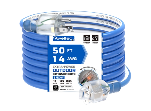 Aweltec Cable de extensión para exteriores 14/3 SJEOOW de 50 pies, extremo iluminado de 15 A 1875 W