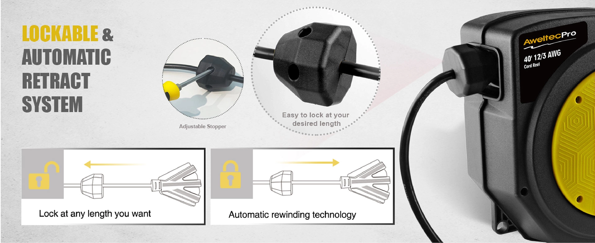 Carrete de cable de extensión retráctil AweltecPro de 40 pies