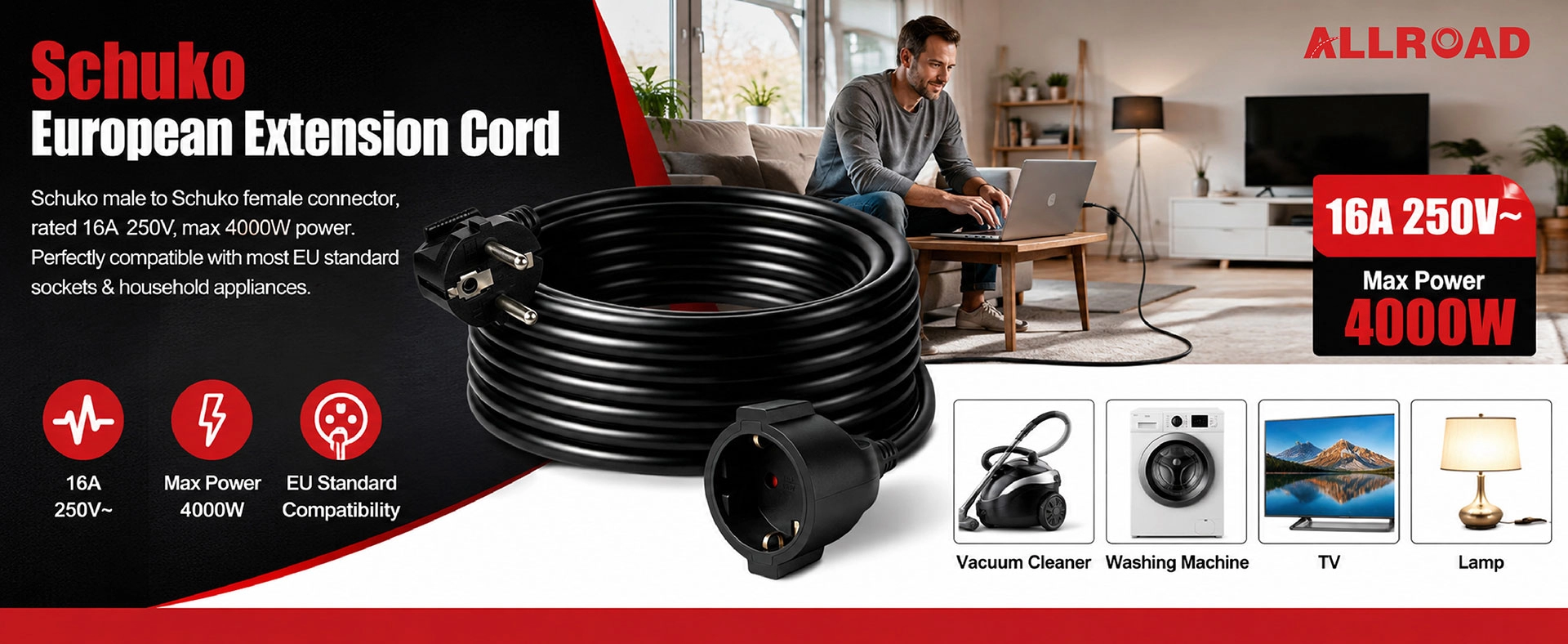 ALLROAD Cable de extensión alemán Schuko CEE 7/7 16A Cable de alimentación 3m Negro